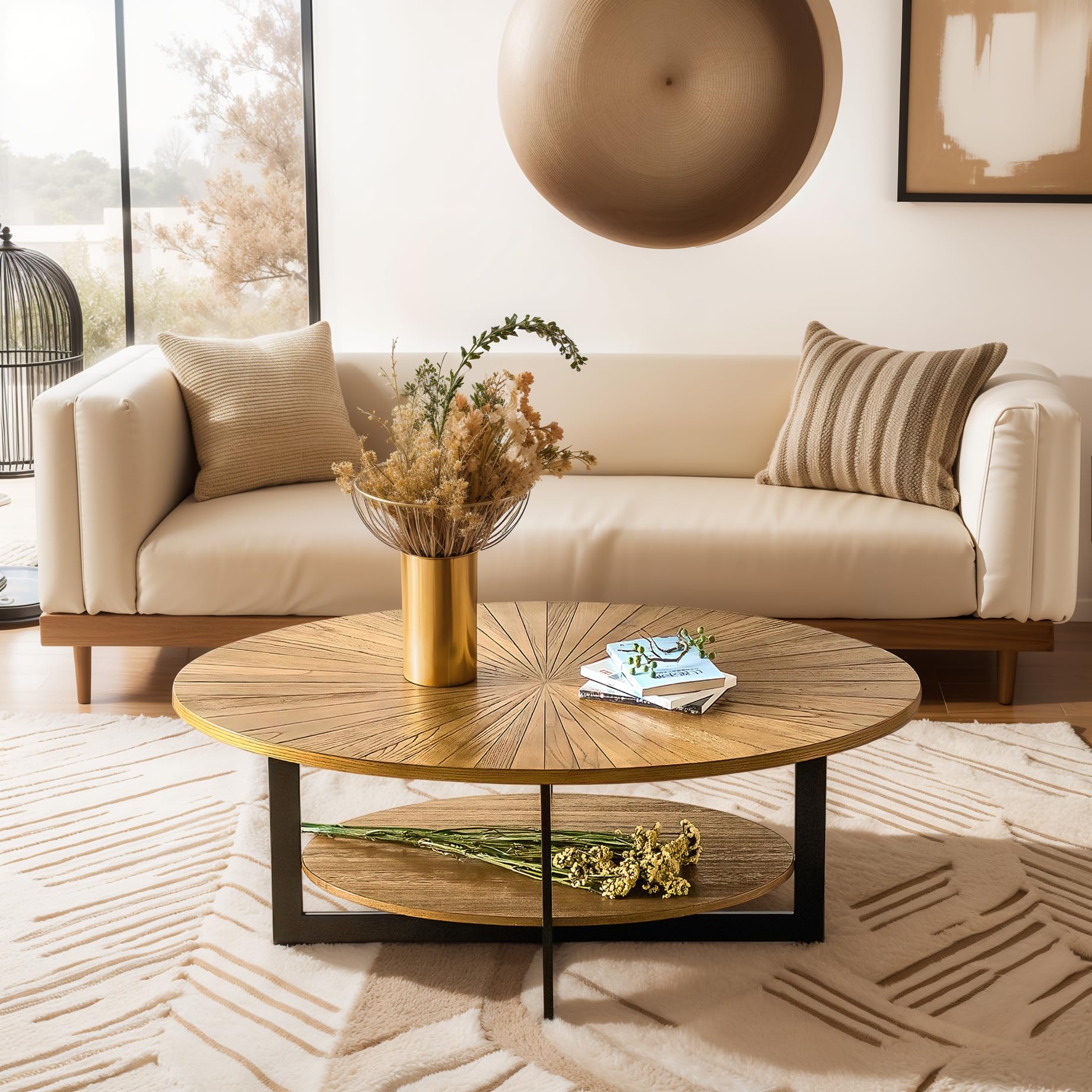 DS-HOMEPORT Wood Oval Coffee Table for Living Room 2 Tier Circle Rustic Coffee Table with Storage Oval Coffee Table with Metal Legs for Apartment Easy Assembly (Espresso47" Dx30 Wx18 H)