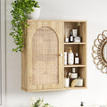 Rattan Bathroom Wall Cabinet with Door Boho Medicine Wall Cabinets with Adjustable Shelves Tall Kitchen Wall Mounted Storage Cabinet Floating Hanging Cabinet Space Saver for Laundry Room Natural