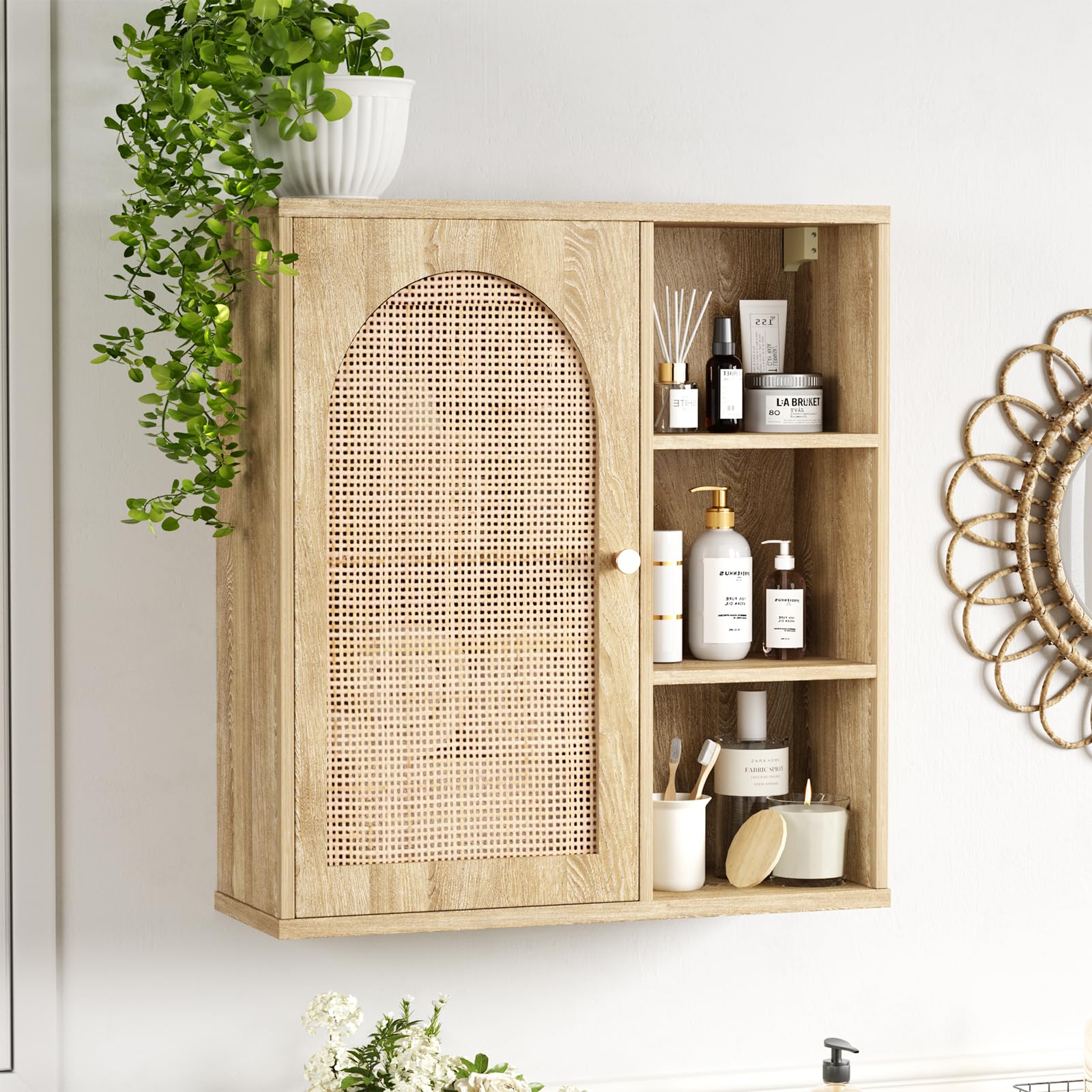 Rattan Bathroom Wall Cabinet with Door Boho Medicine Wall Cabinets with Adjustable Shelves Tall Kitchen Wall Mounted Storage Cabinet Floating Hanging Cabinet Space Saver for Laundry Room Natural