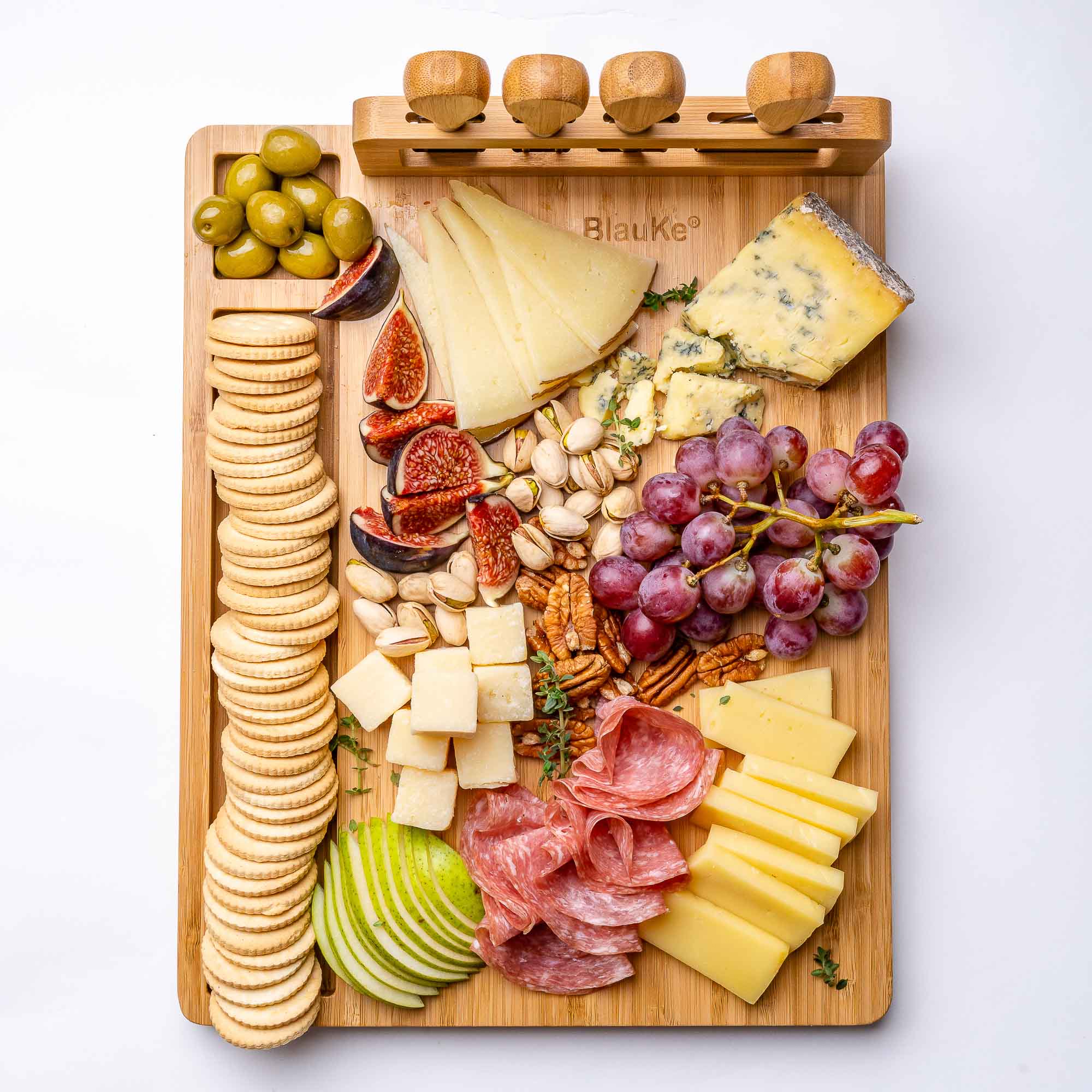 Bamboo Cheese Board and Knife Set, 14x11 Inch, with 4 Cheese Knives