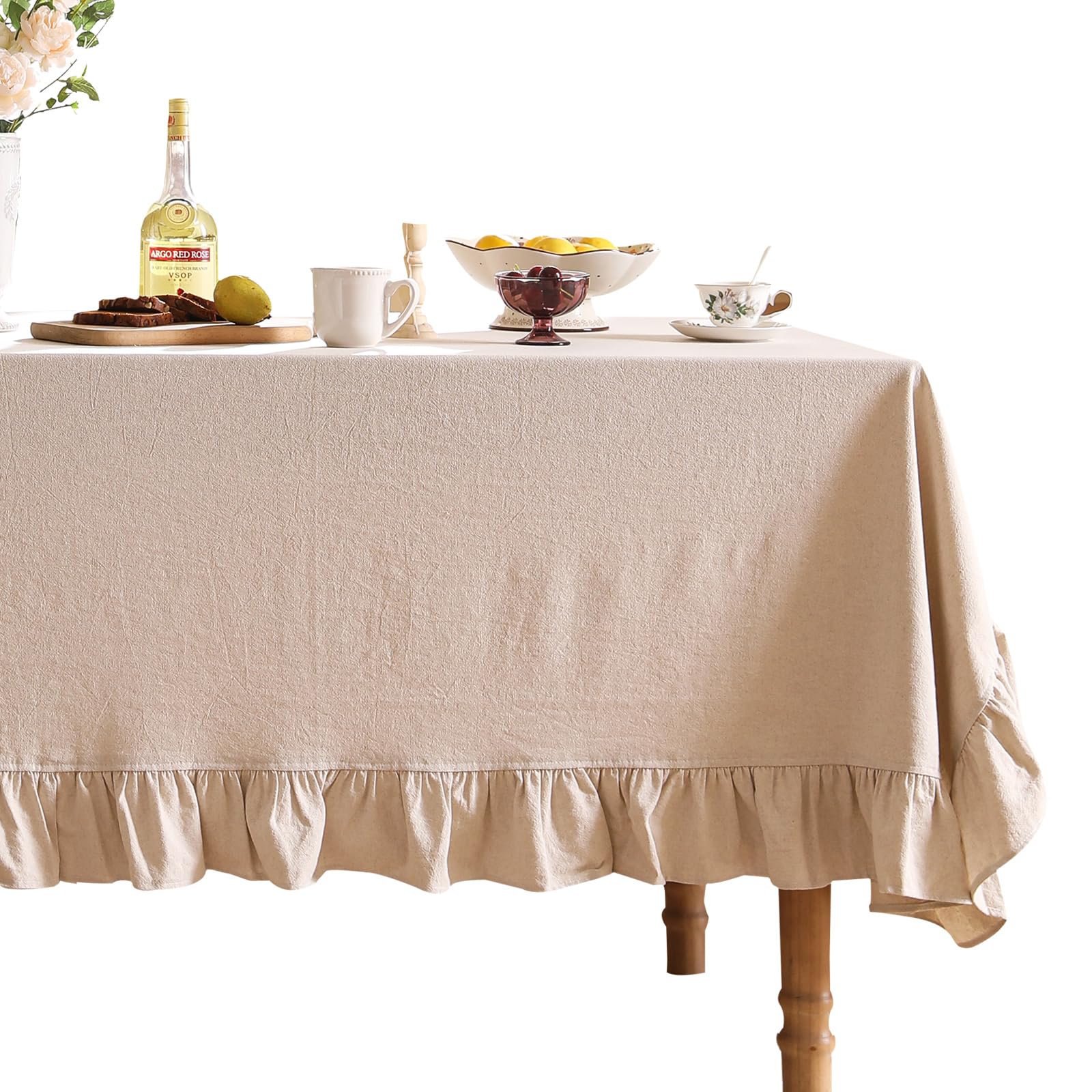 patdrea Designer Vintage Ruffle Tablecloths for Square TablesFlaxen Country Cotton Linen Table ClothOld Style Farmhouse Decor TableclothSuitable for BanquetChristmasThanksgiving63"*63"