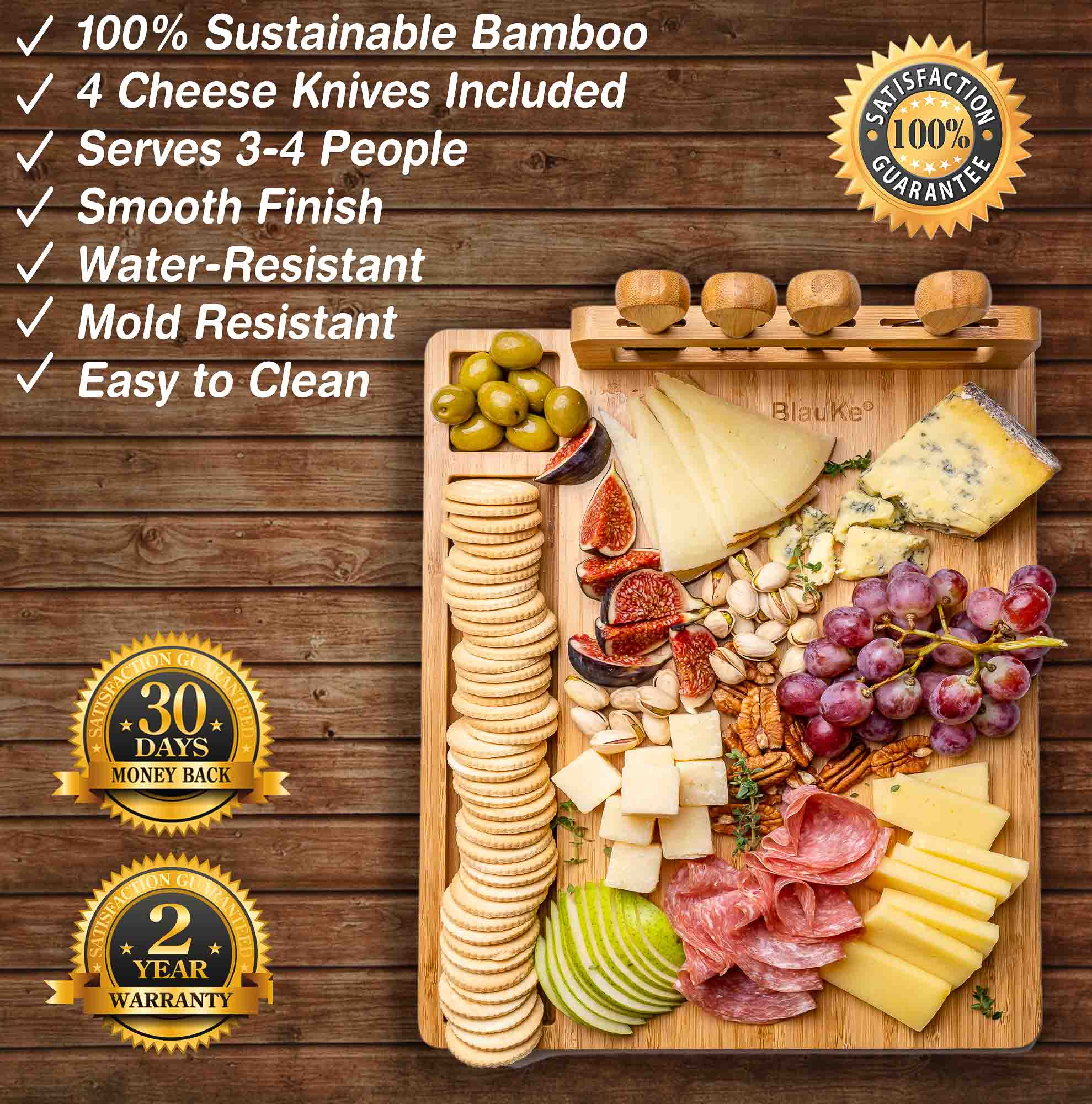 Bamboo Cheese Board and Knife Set, 14x11 Inch, with 4 Cheese Knives