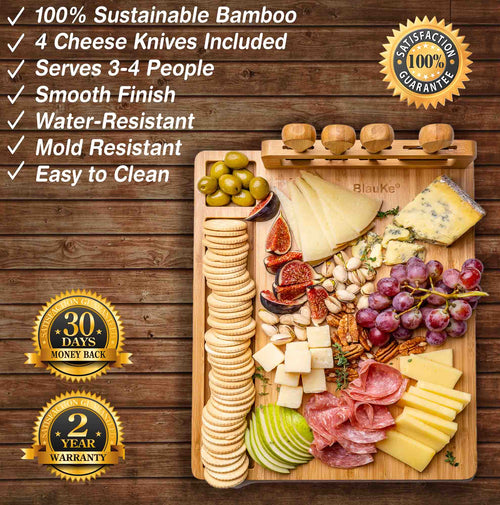 Bamboo Cheese Board and Knife Set, 14x11 in, with 4 Knives