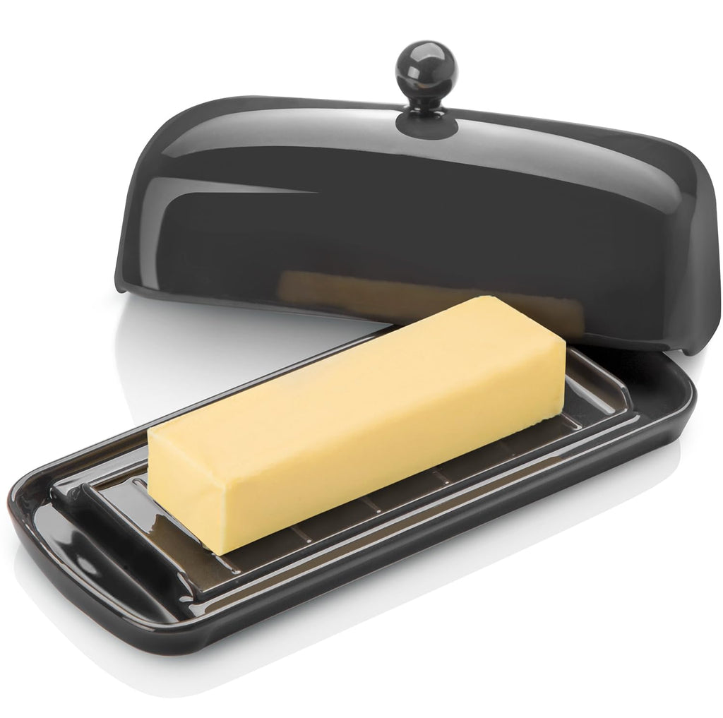 Nucookery Ceramic Butter Dish with Lid for Countertop White Butter Holder with Raised Non-Slip Strip Butter Keeper and Container Holds 1 Butter Stick Easy to Clean & Dishwasher Safe Dark Gray