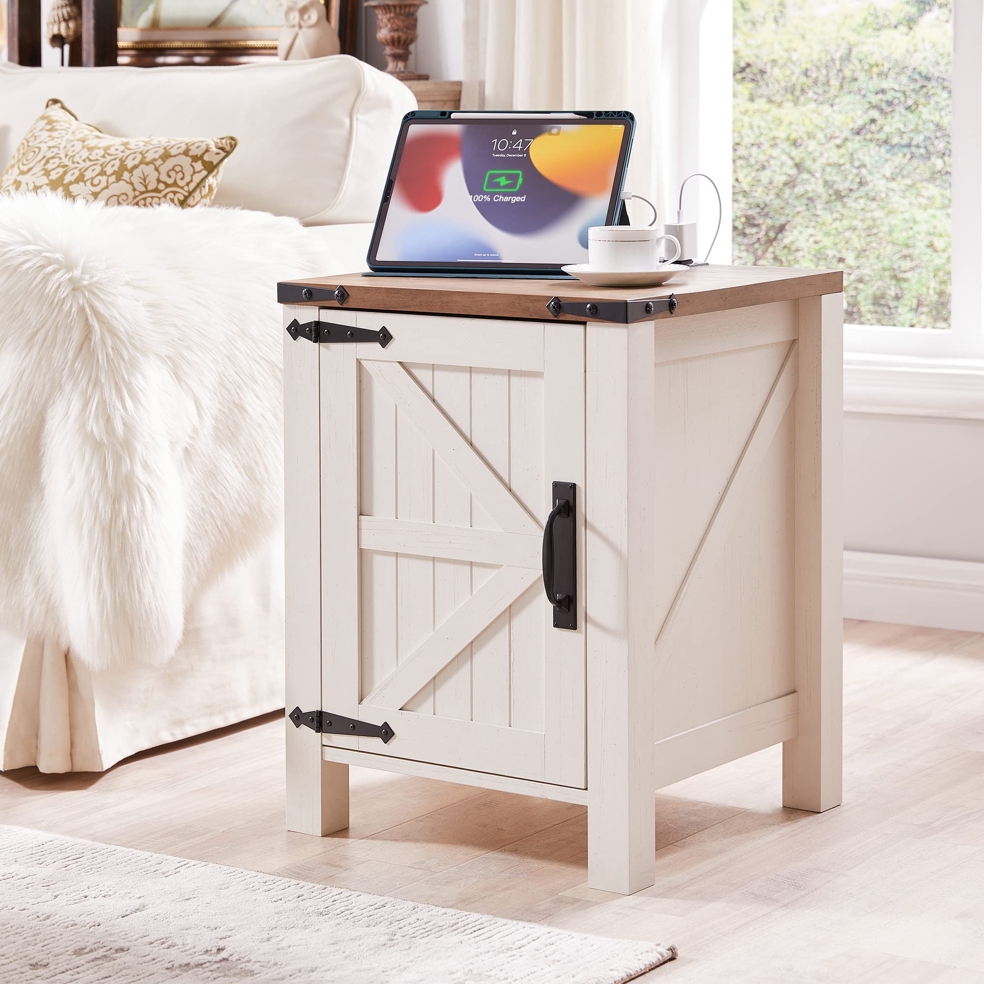 OKD Nightstand with Charging Station 18 Inch Farmhouse End Table with Barn Door and Adjustable Storage Shelf Rustic Wood Sofa Side Table w/Magnetic Door for Living Room Bedroom Antique White