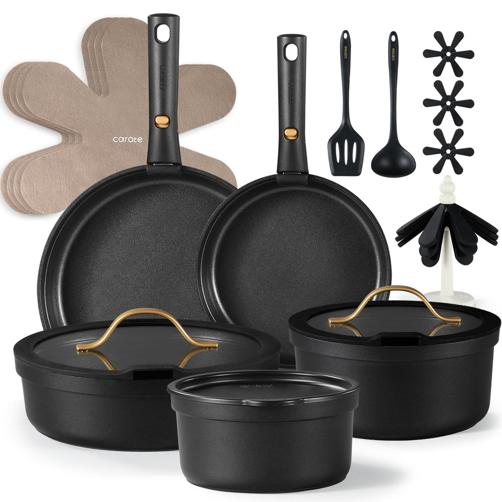 CAROTE Nonstick Pots and Pans Set, 20 Piece, Black