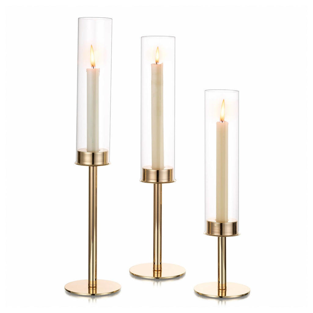 Hewory Black Candlestick Holders Hurricane Candle Holder 3Pcs Candle Stick Candle Holder Candelabra Taper Candle Holders with Glass Candle Cover for Wedding Table Centerpiece Christmas Decor