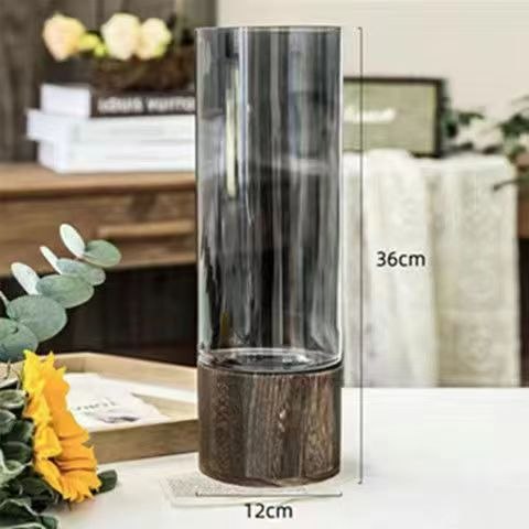 Modern Glass Hydroponic Vase with Wooden Stand – Minimalist Tabletop Flower Arrangement
