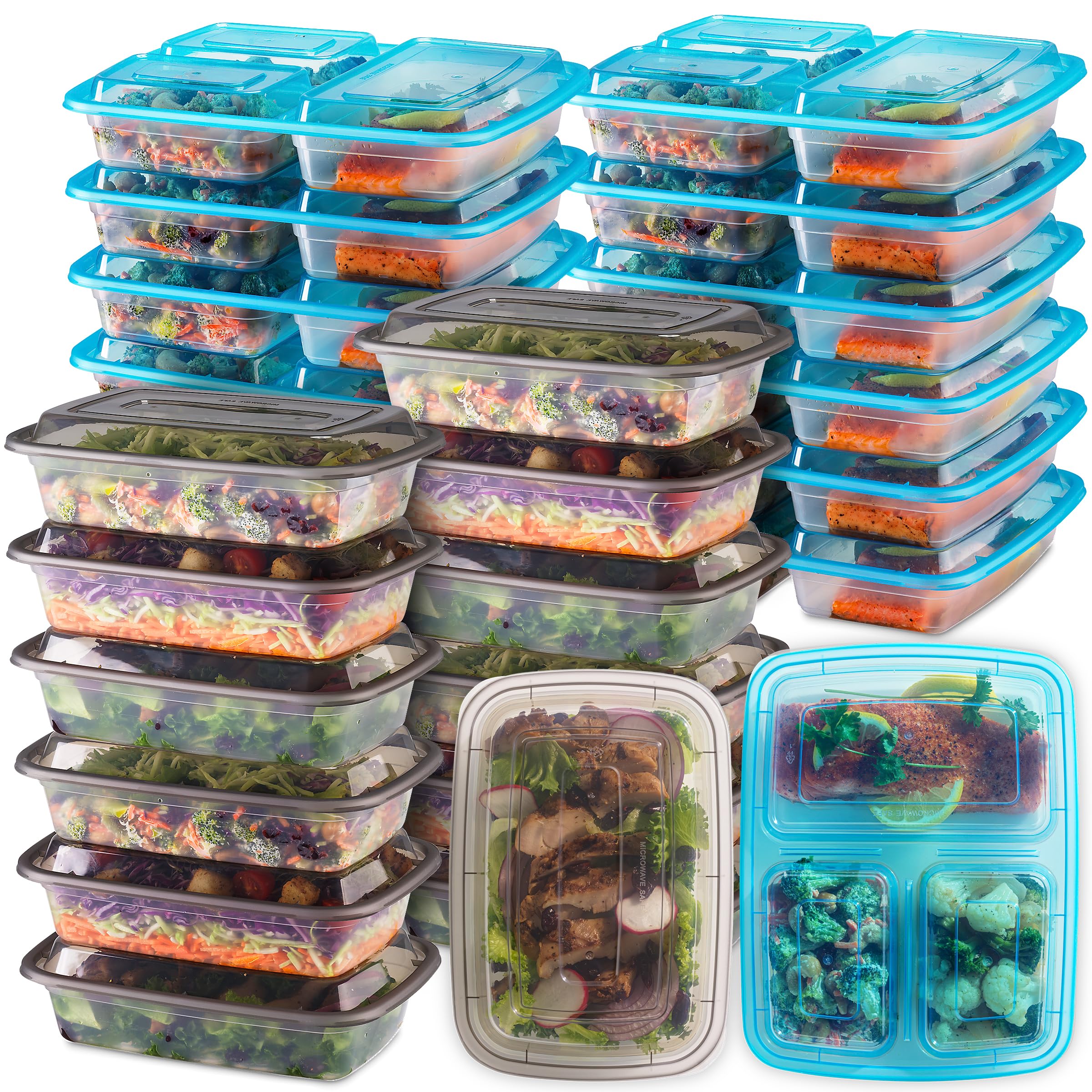 Food Storage Containers With Lids - (24 Pack-32 Oz) 12- 3 Compartment Meal Prep Containers Reusable Or Disposable & 12- Single Food Storage Bento Boxes Bpa Free Microwave Freezer Dishwasher Safe