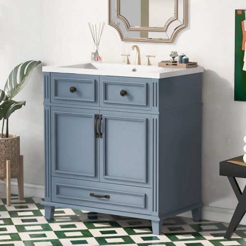 30 Inch Bathroom Vanity with Resin Sink, Solid Wood Frame – Storage Cabinet with Soft Close Door