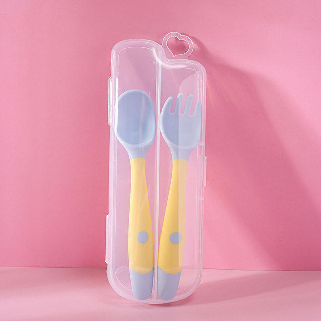 2PCS Soft Silicone Baby Utensils Fork and Spoon Set