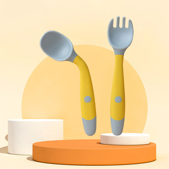 2PCS Soft Silicone Baby Utensils Fork and Spoon Set