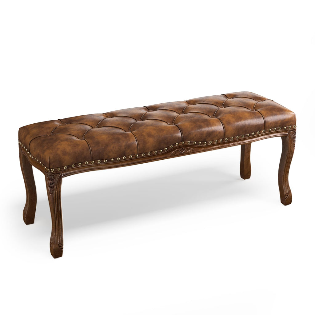 Cozyman Bedroom Bench French Vintage Tufted Leather Bench 45.2 Carving Upholstered End of Bed Bench with Distressed Wood Legs Faux Leather Ottoman Bench for Living Room Dining Room Brown