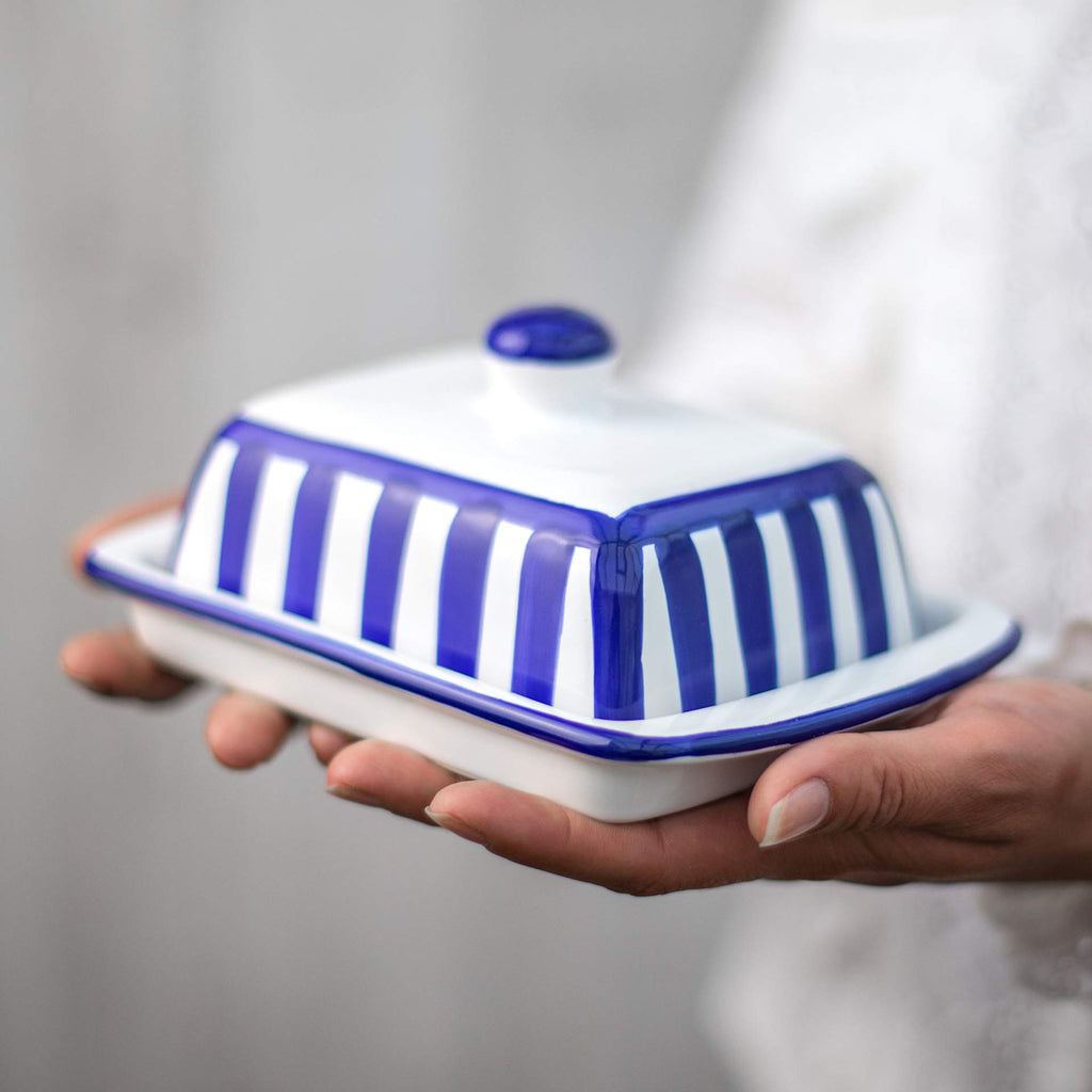 City to Cottage Large Butter Dish with Lid for Countertop Ceramic Butter Keeper Butter Container with Knob Handle Butter Holder Tray with Cover Handcrafted Navy Blue Stripe Coastal Butter Dish