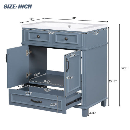 30 Inch Bathroom Vanity with Resin Sink, Solid Wood Frame – Storage Cabinet with Soft Close Door