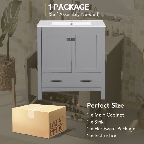 30 Inch Gray Bathroom Vanity with Single Sink, Storage Cabinet & Drawer