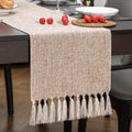 Beige Burlap Linen Table Runner with Tassels, 72 Inch
