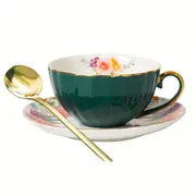 Vintage Ceramic Coffee Mug Set with Saucer and Spoon