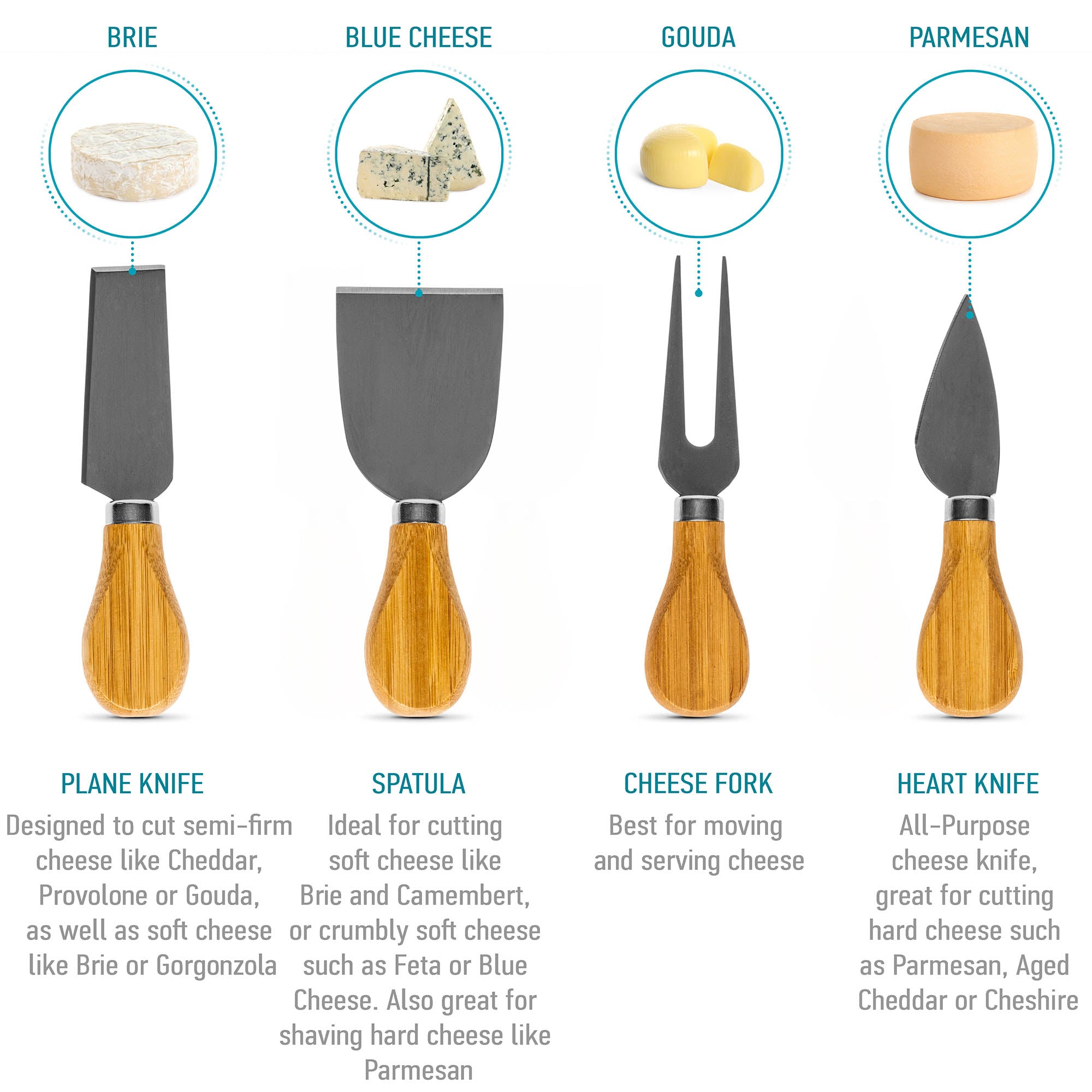 Bamboo Cheese Board and Knife Set, 14x11 Inch, with 4 Cheese Knives