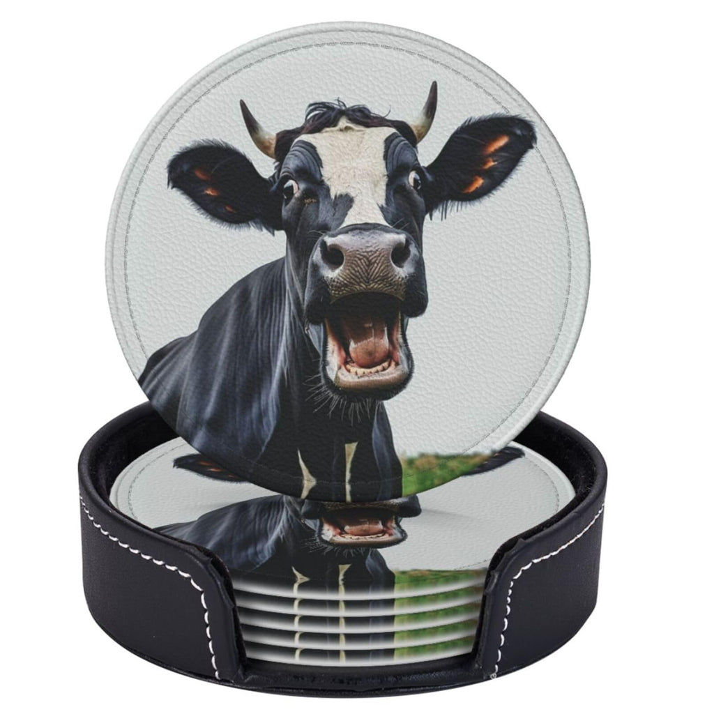 Farm Cow Leather Coasters with Holder, Set of 6