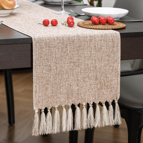 Beige Burlap Linen Table Runner with Tassels, 72 Inch