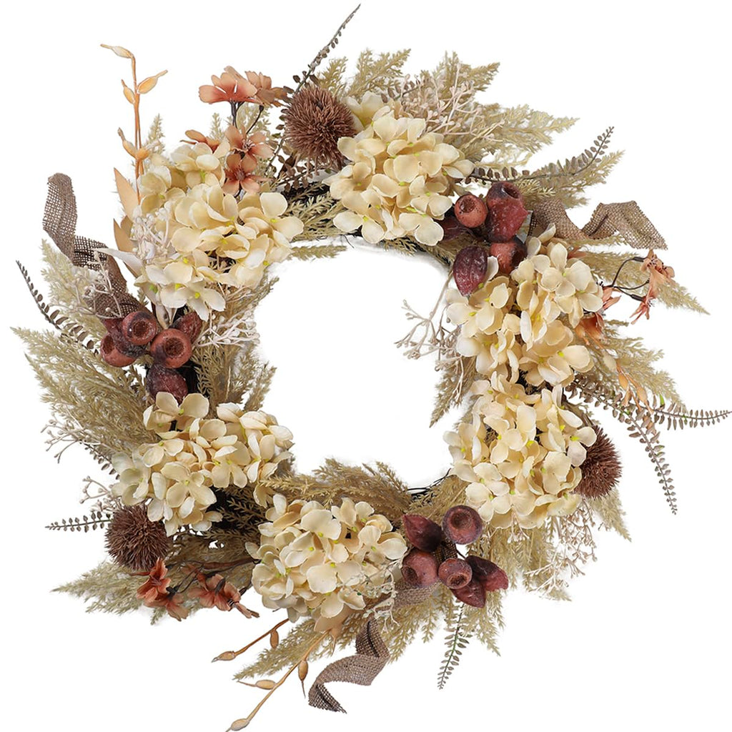 20 Inch Fall Wreath with Faux Hydrangea & Pampas, Boho