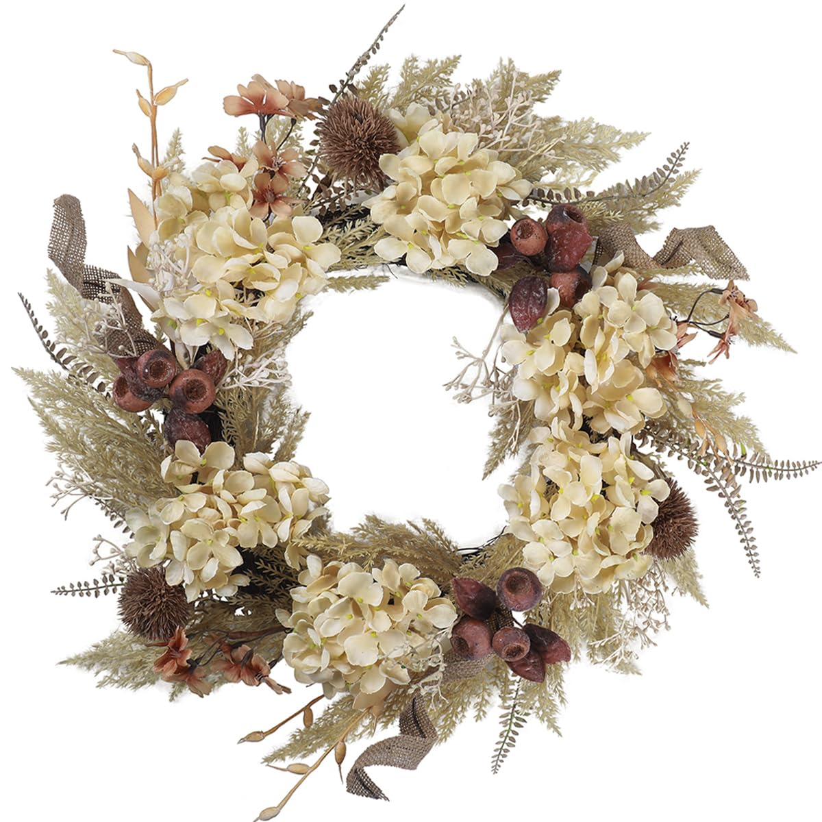 20 Inch Fall Wreath with Faux Hydrangea & Pampas, Boho