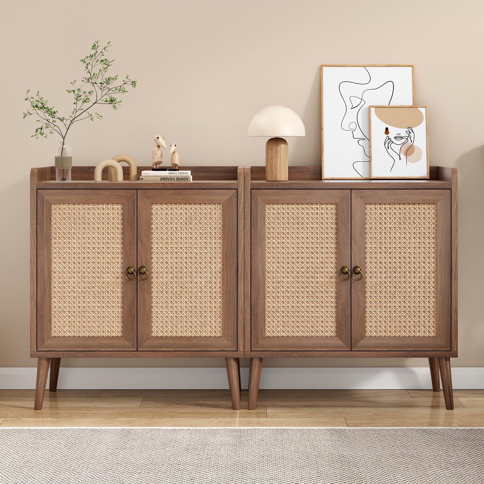 Sideboard Buffet Cabinet with Rattan Doors, Set of 2, Vintage