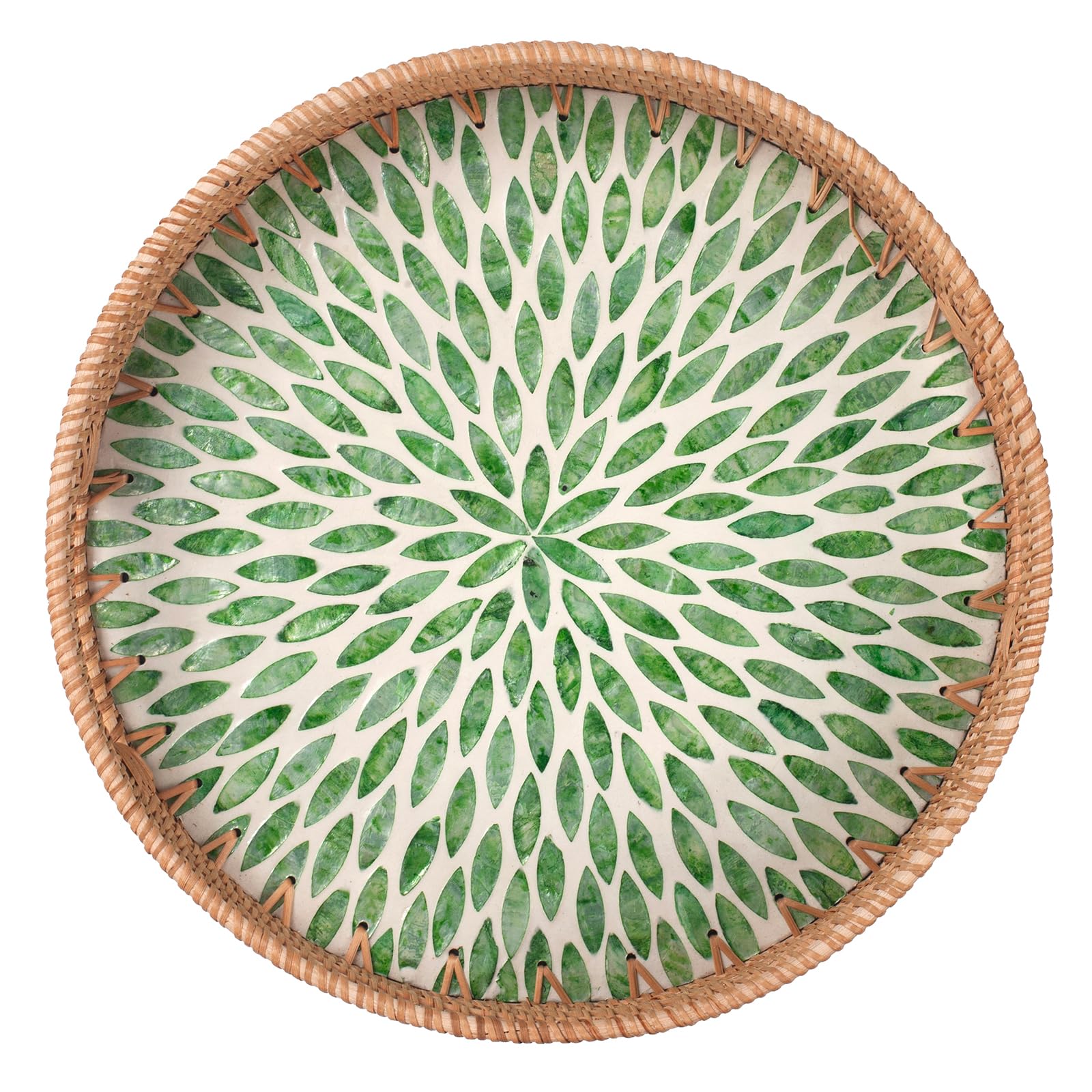 Round Rattan Serving Tray with Mother of Pearl Inlay, 13.8 Inch