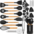 35-Piece Silicone Kitchen Utensil Set with Wooden Handle Holder, Black