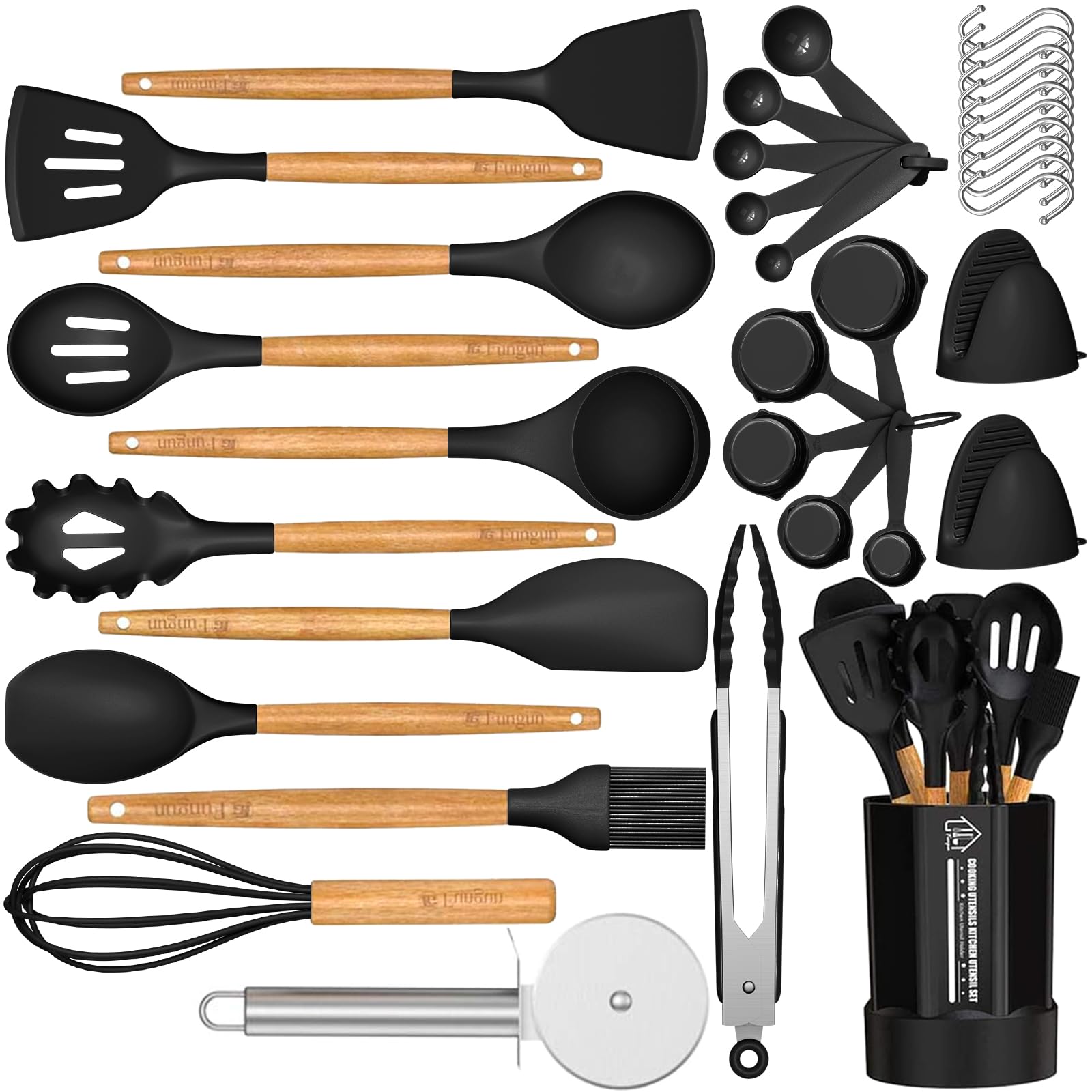 35-Piece Silicone Kitchen Utensil Set with Wooden Handle Holder, Black