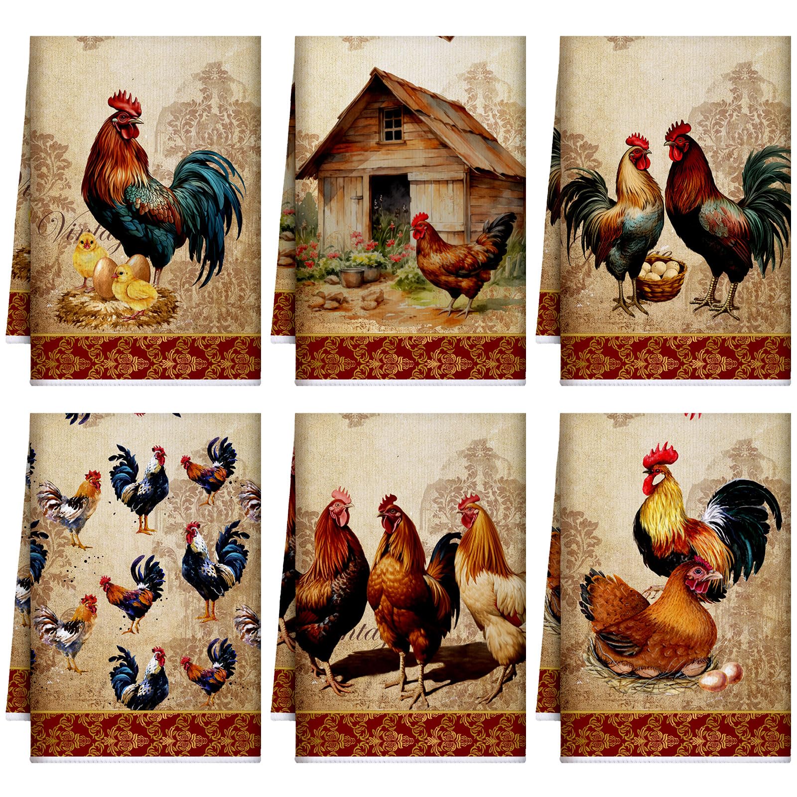 6-Piece Farmhouse Kitchen Towels, Rooster Design, Golden Brown