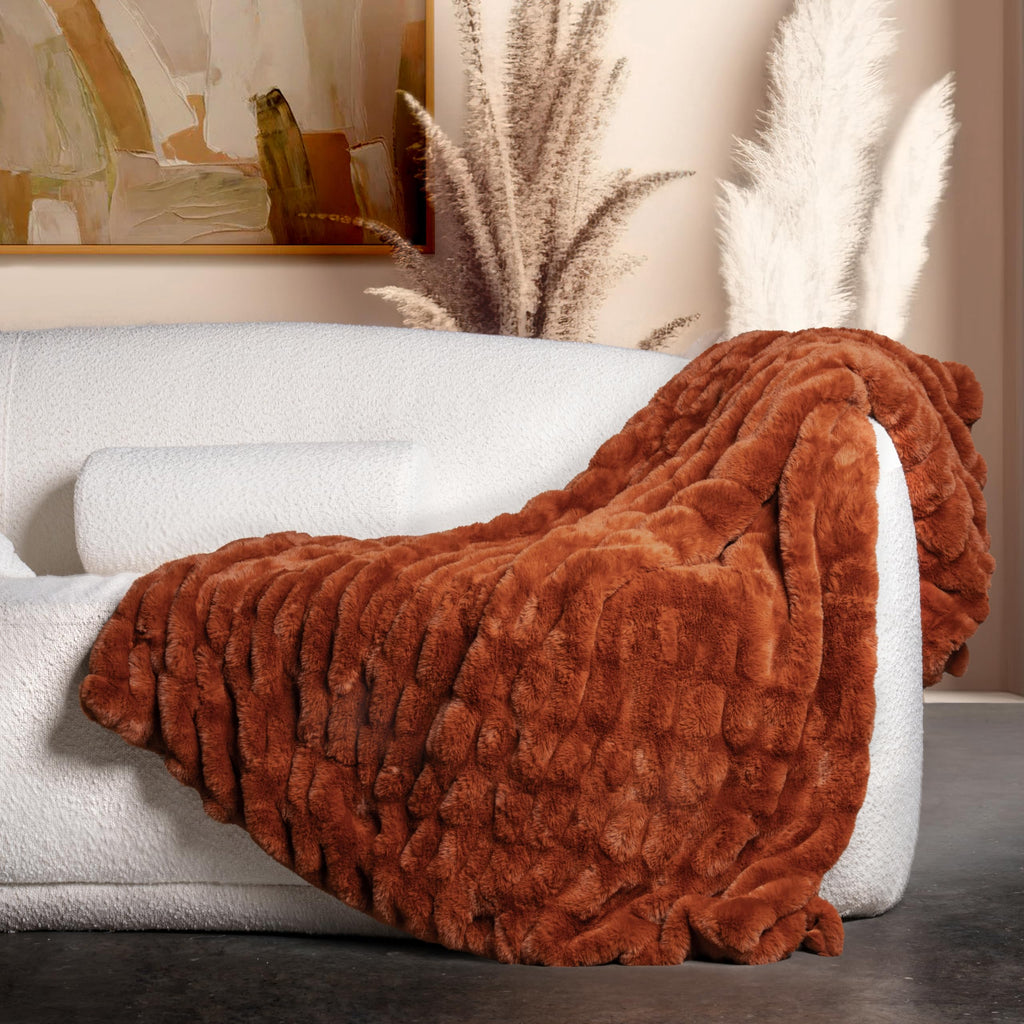 Faux Rabbit Fur Throw Blanket — Rust, 50 × 60 Inch