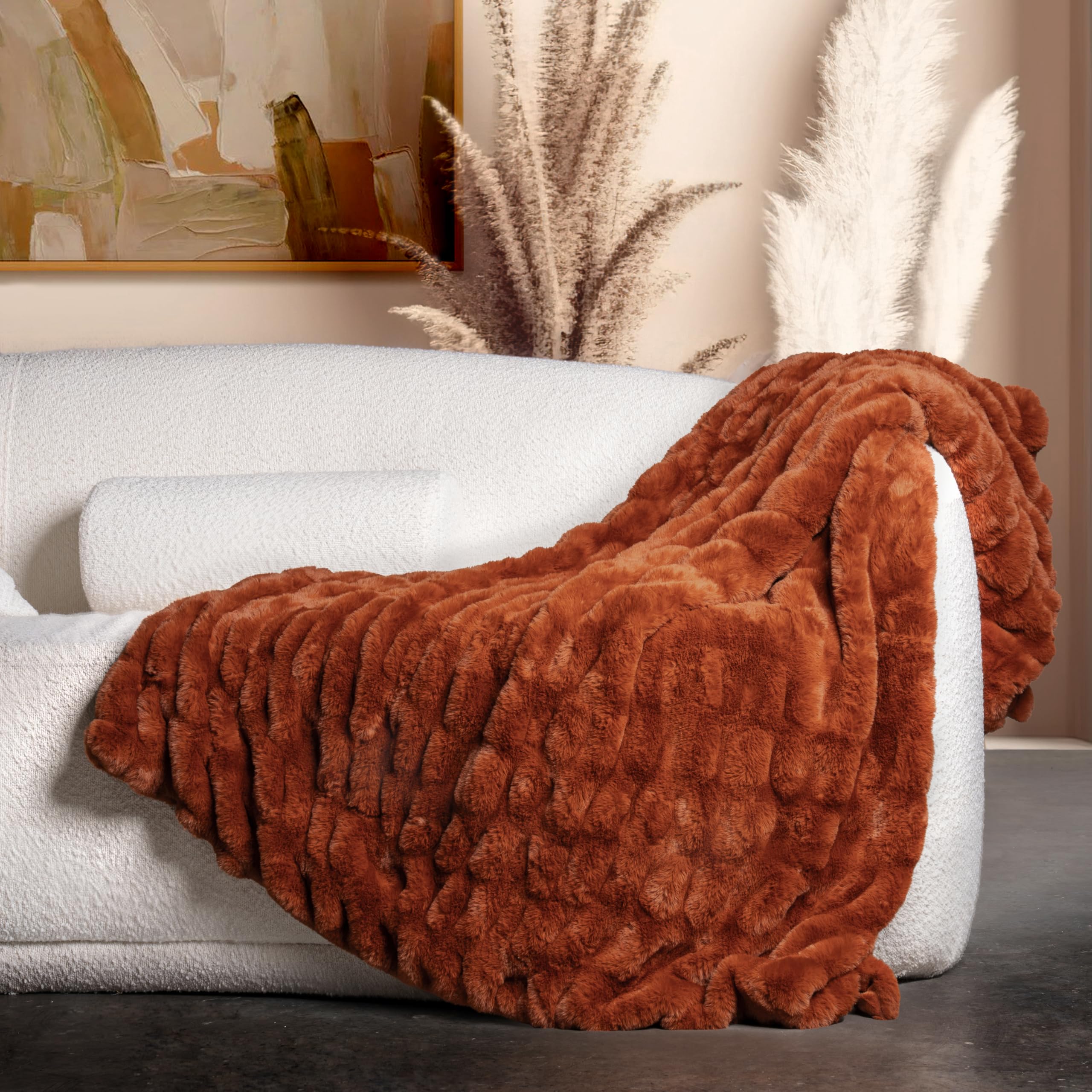 Faux Rabbit Fur Throw Blanket — Rust, 50 × 60 Inch