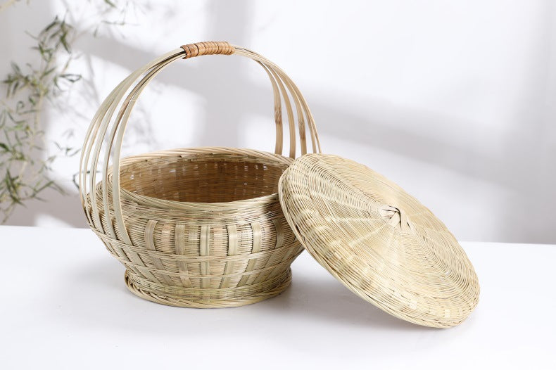 Bamboo Woven Basket with Lid for Outdoor Use