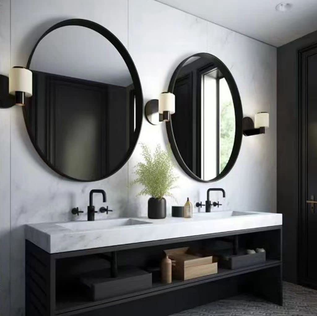 30 Inch Round Black Bathroom Mirror with Metal Frame – Wall Mirror for Vanity & Over Sink, Set of 2