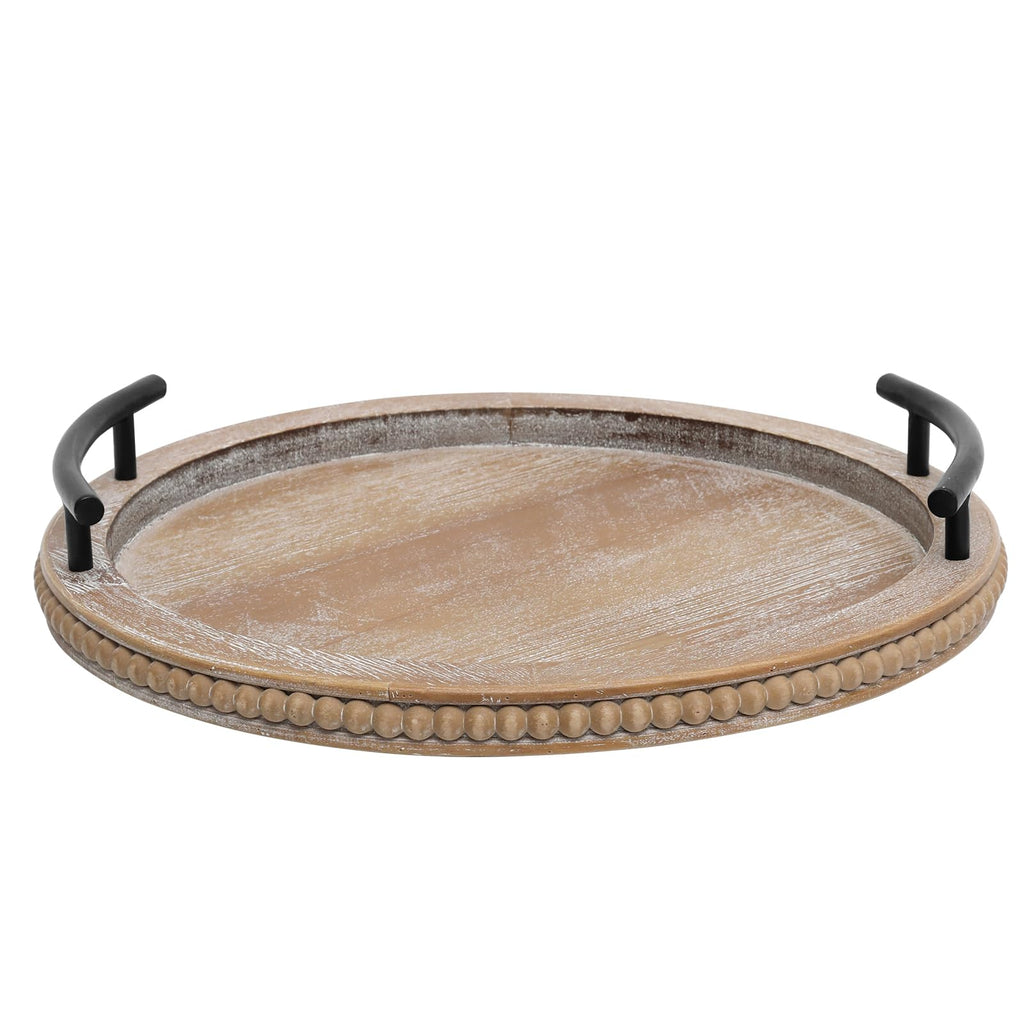 Brown Wooden Beaded Serving Tray with Handle, Round