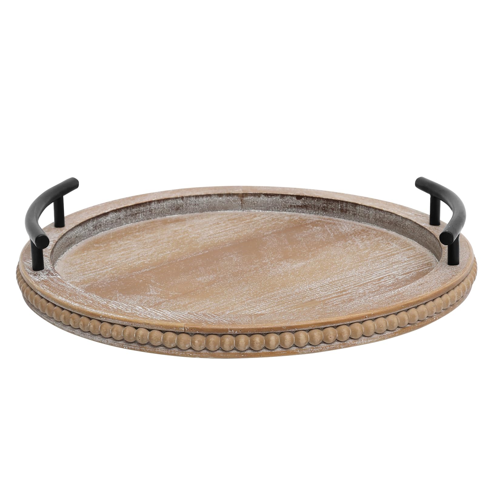 Brown Wooden Beaded Serving Tray with Handle, Round