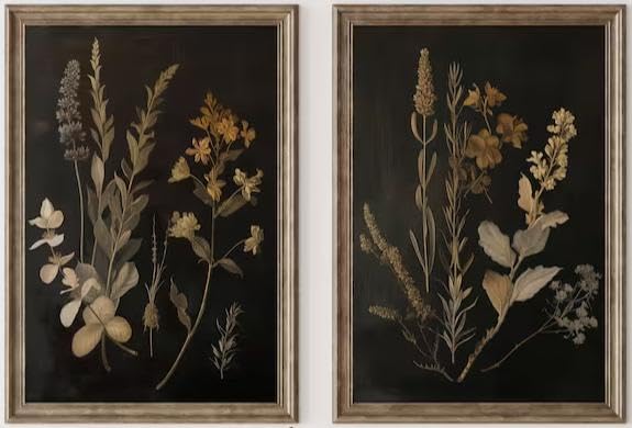 Black Botanical Vintage Floral Wall Art, 24x36, Set of 2, Unframed