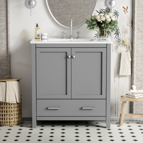 30 Inch Gray Bathroom Vanity with Single Sink, Storage Cabinet & Drawer