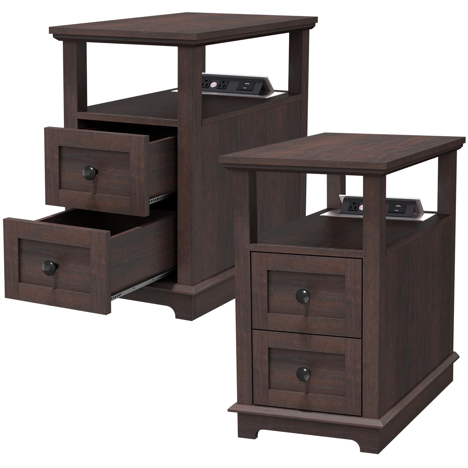 HIFYOBRO Narrow End Table with Flip Top Charging Station Set of 2 Side Table with 2 Drawers Type-C & USB Port & Power outlets Wooden Storage Cabinet for Living Room and Bedroom (Espresso)