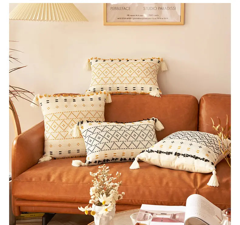 Bohemian Knit Throw Pillow Cover with Tassels (1 Piece)