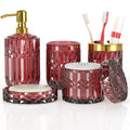 5Pcs Bathroom Accessories Set Glass Soap Dispenser Set with Rust Proof Stainless Steel Pump Soap Holder Toothbrush Holder Tumbler Cotton Swab Jars Red Bathroom Set Bathroom Decor Sets Gift