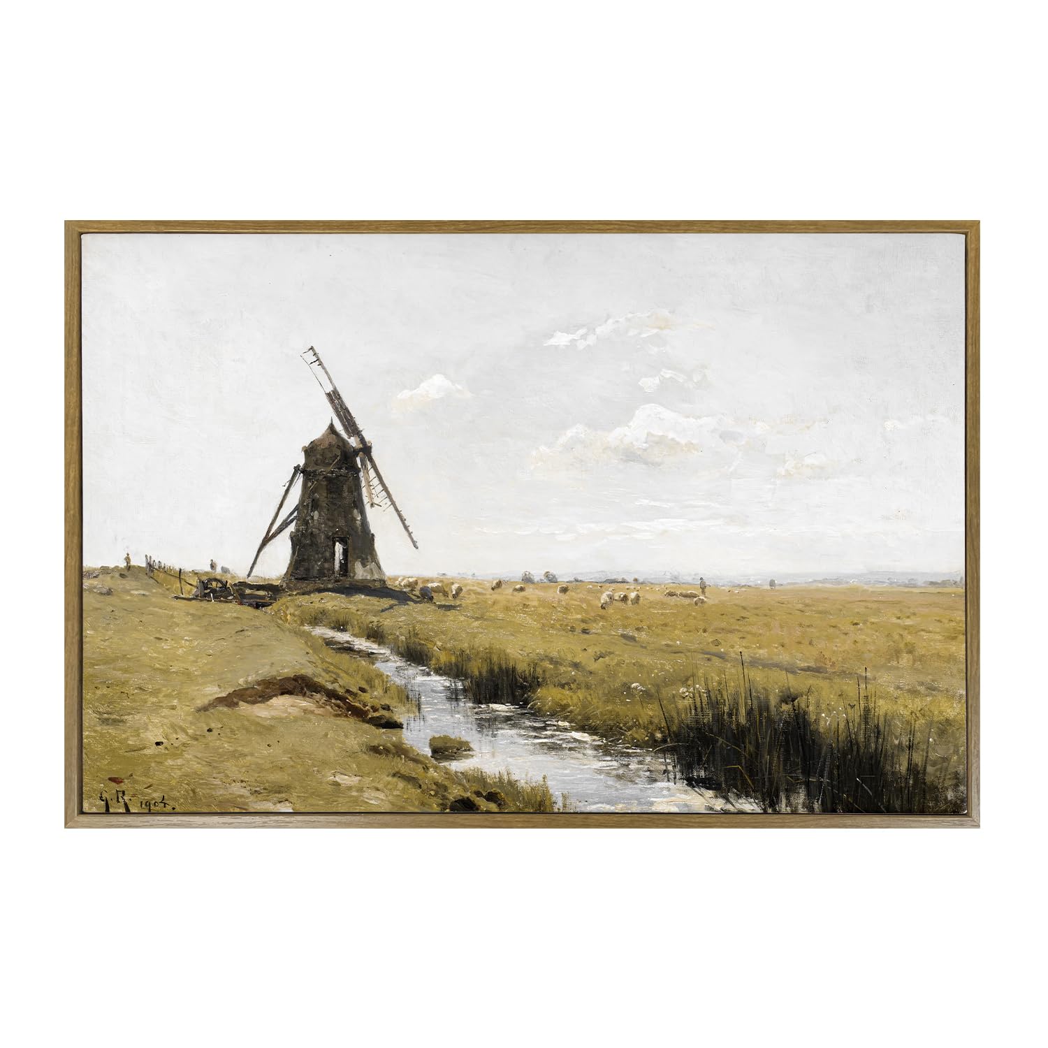 Windmill on the Meadows Framed Canvas Wall Art, Vintage Farmhouse, 16x24