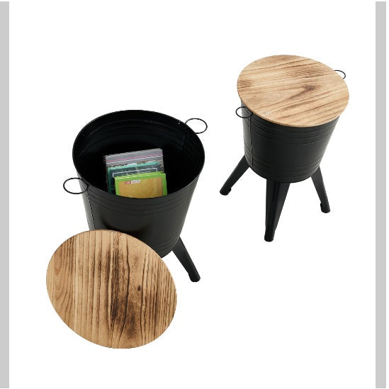 Farmhouse Rustic Distressed Metal Accent Cocktail Table With Wood Top-BLK, Set Of 2