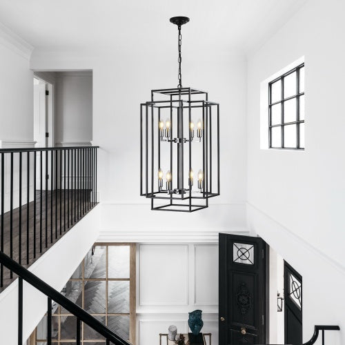 8-Lantern Tiered Chandelier, Industrial Farmhouse Style