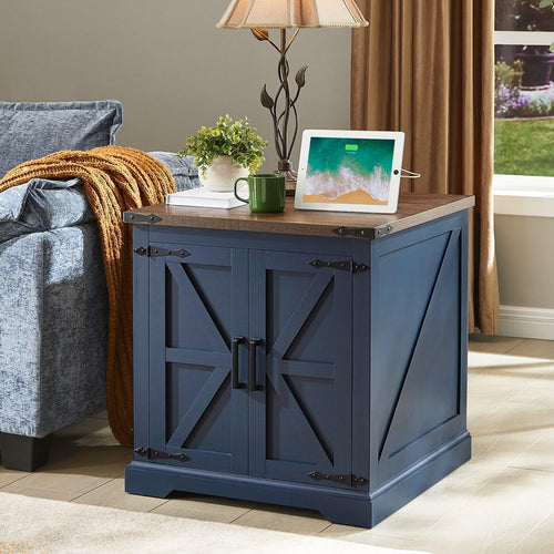 Barnyatoh Farmhouse End Table with Charging Station24" Large Sofa Side Table with Barn Door Rustic Wood Square Nightstand Bedside Table with Adjustable Storage Shelf for Living Room BedroomBlue