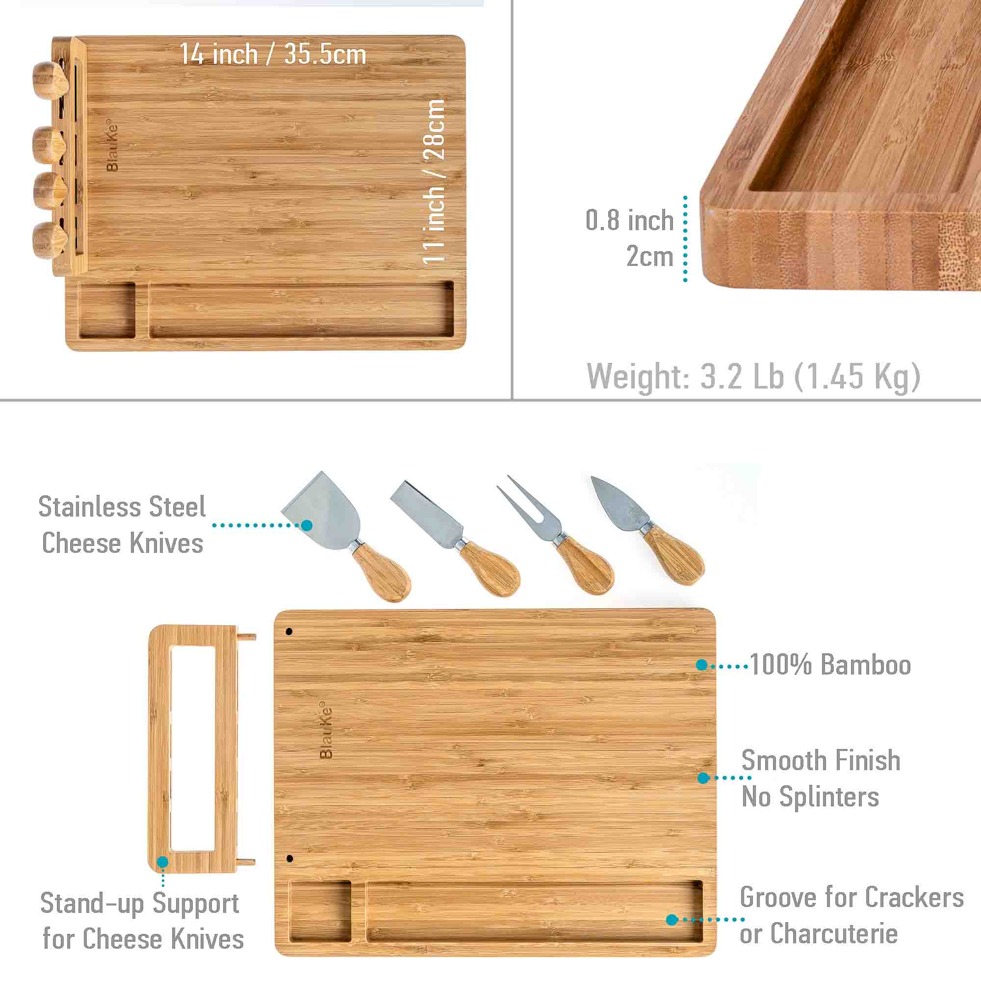 Bamboo Cheese Board and Knife Set, 14x11 Inch, with 4 Cheese Knives