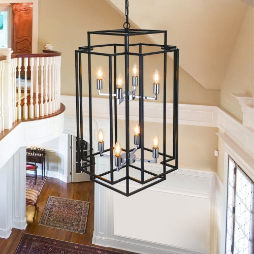 8-Lantern Tiered Chandelier, Industrial Farmhouse Style