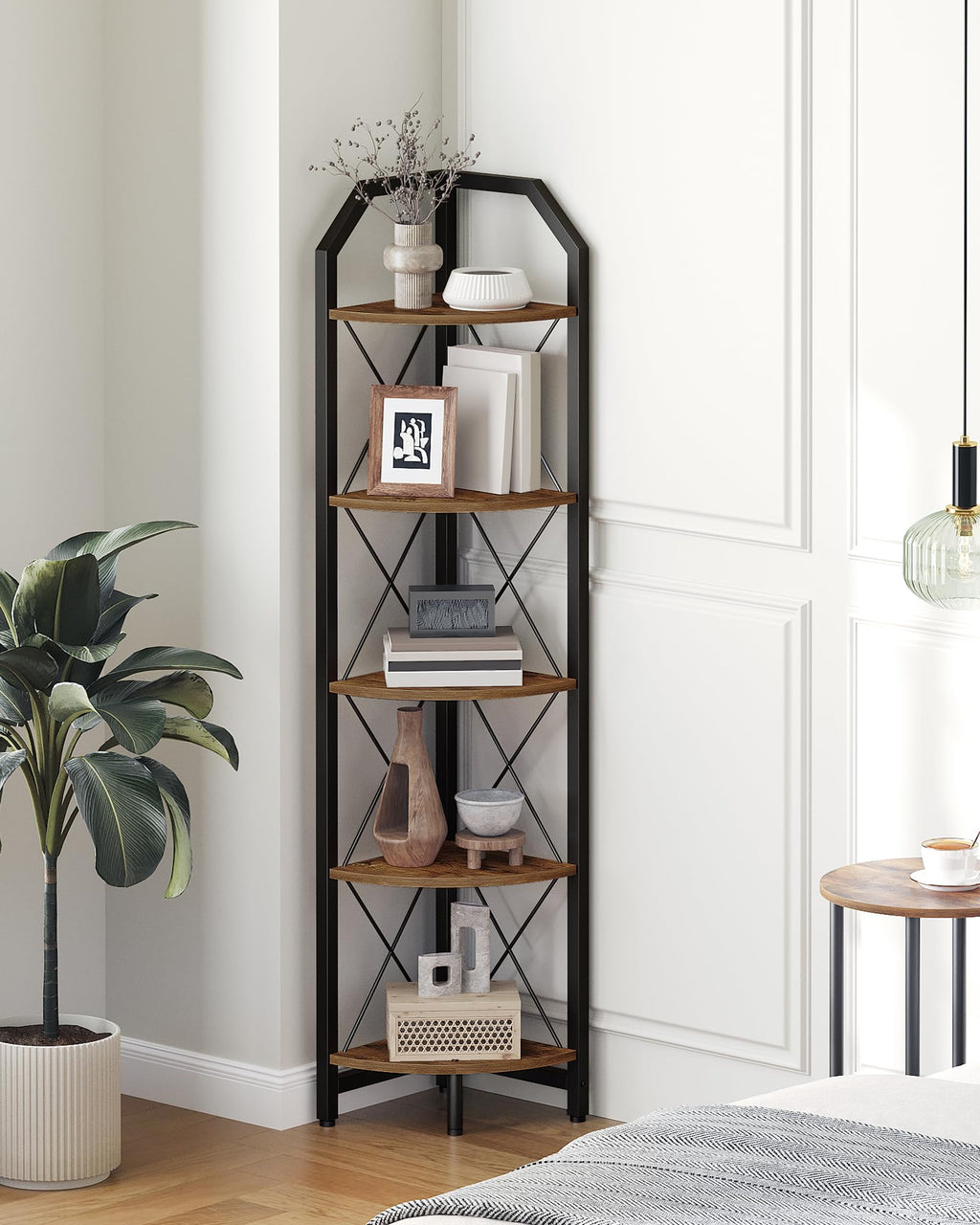 CHOEZON 59.4" Corner Shelf 5-Tier Industrial Corner Bookshelf Corner Storage Stand Plant Stand Display Shelf Corner Bookcase for Bedroom Living Room Home Office Rustic Brown and Black TCJ10BF